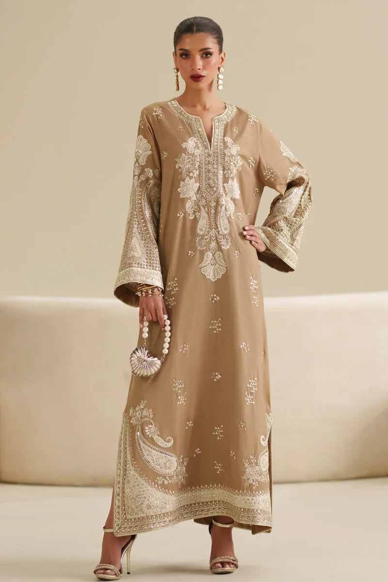 Dune Beige & White Accent: Embroidered Raw Silk Kaftan With Chiffon Dupatta | Ready To Wear