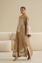 Dune Beige & White Accent: Embroidered Raw Silk Kaftan With Chiffon Dupatta | Ready To Wear
