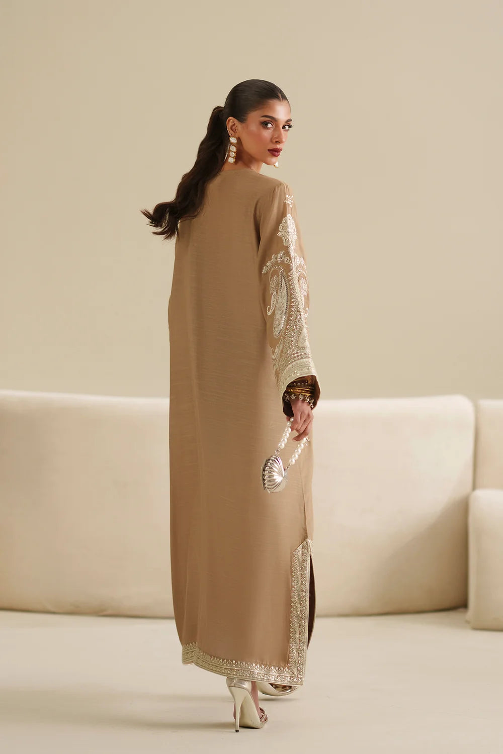 Dune Beige & White Accent: Embroidered Raw Silk Kaftan With Chiffon Dupatta | Ready To Wear