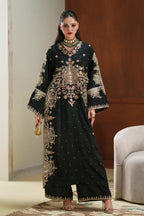 Jet Black & Pastel Pink: 03-Piece Embroidered Silk Kaftan | Ready To Wear