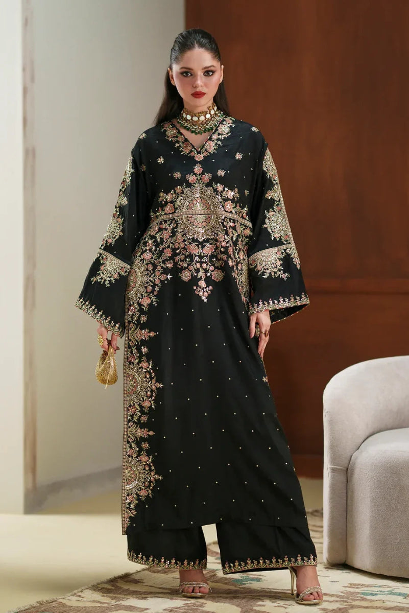 Jet Black & Pastel Pink: 03-Piece Embroidered Silk Kaftan | Ready To Wear