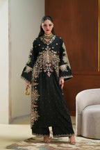 Jet Black & Pastel Pink: 03-Piece Embroidered Silk Kaftan | Ready To Wear