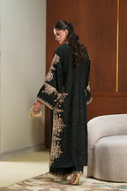 Jet Black & Pastel Pink: 03-Piece Embroidered Silk Kaftan | Ready To Wear