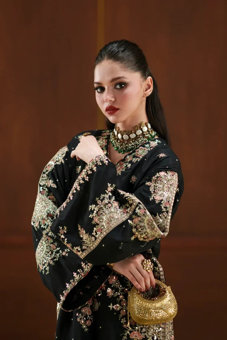 Jet Black & Pastel Pink: 03-Piece Embroidered Silk Kaftan | Ready To Wear