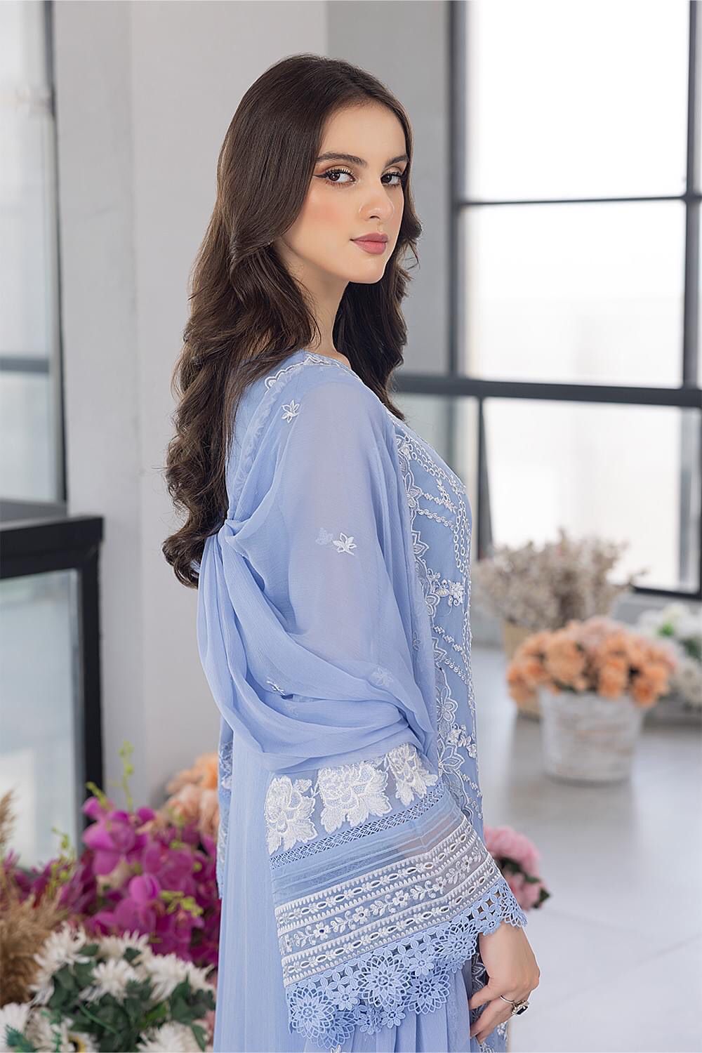 Sky Blue Thread Work Luxury Embroidery Dress 3 Piece
