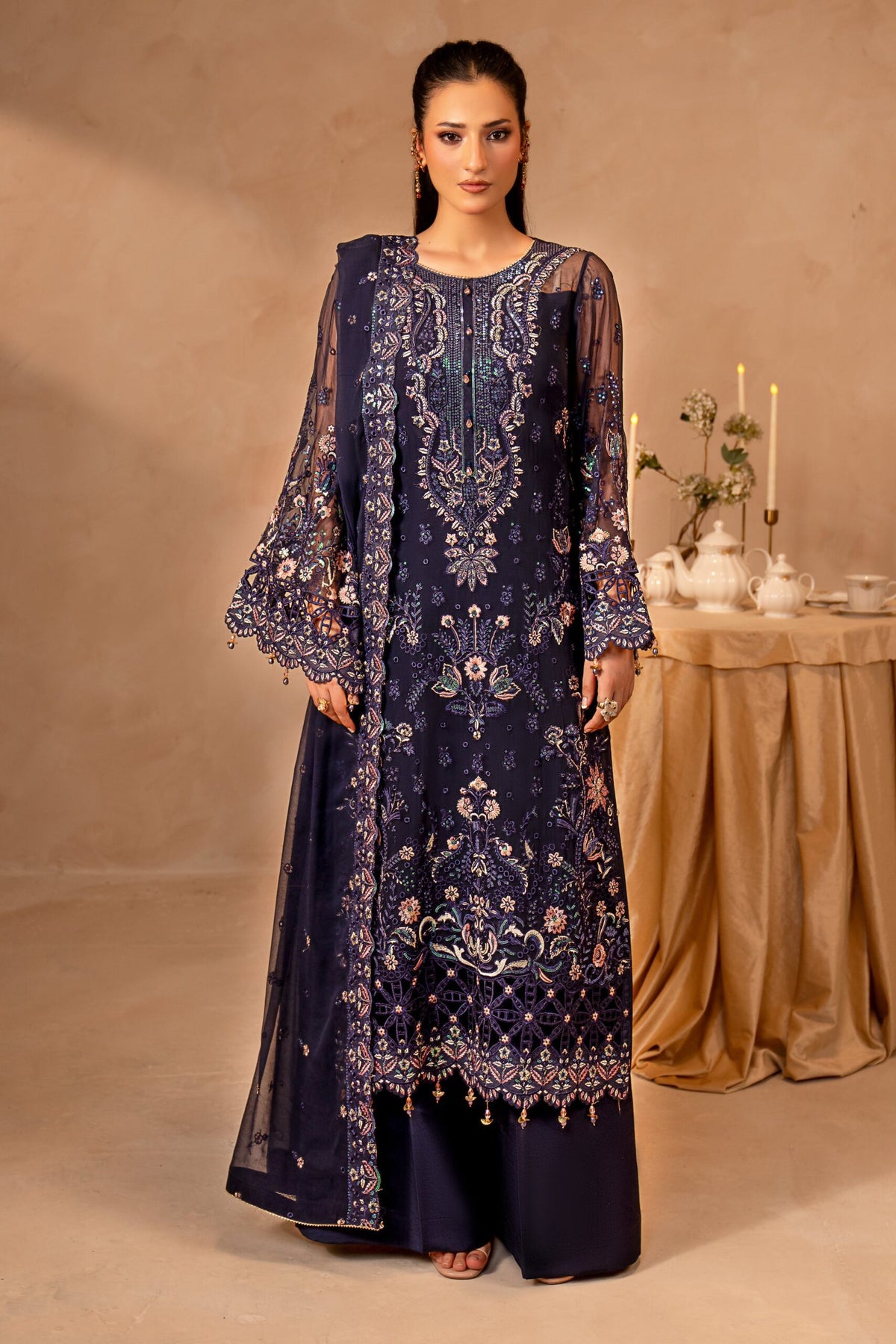 Midnight Blue & Antique Pastel: Embroidered Chiffon Suit | Ready To Wear