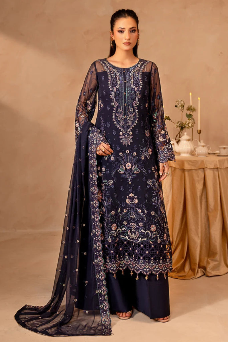 Midnight Blue & Antique Pastel: Embroidered Chiffon Suit | Ready To Wear