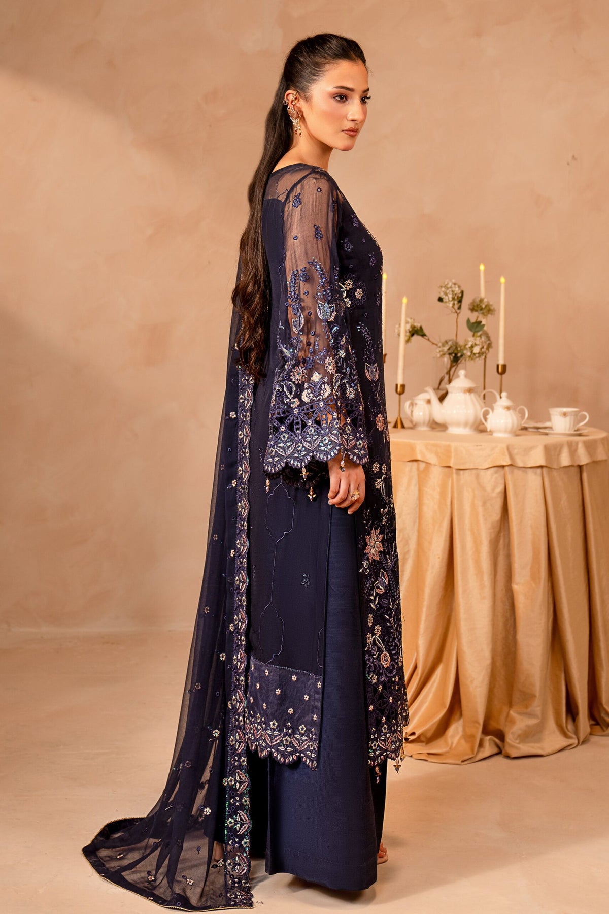 Midnight Blue & Antique Pastel: Embroidered Chiffon Suit | Ready To Wear