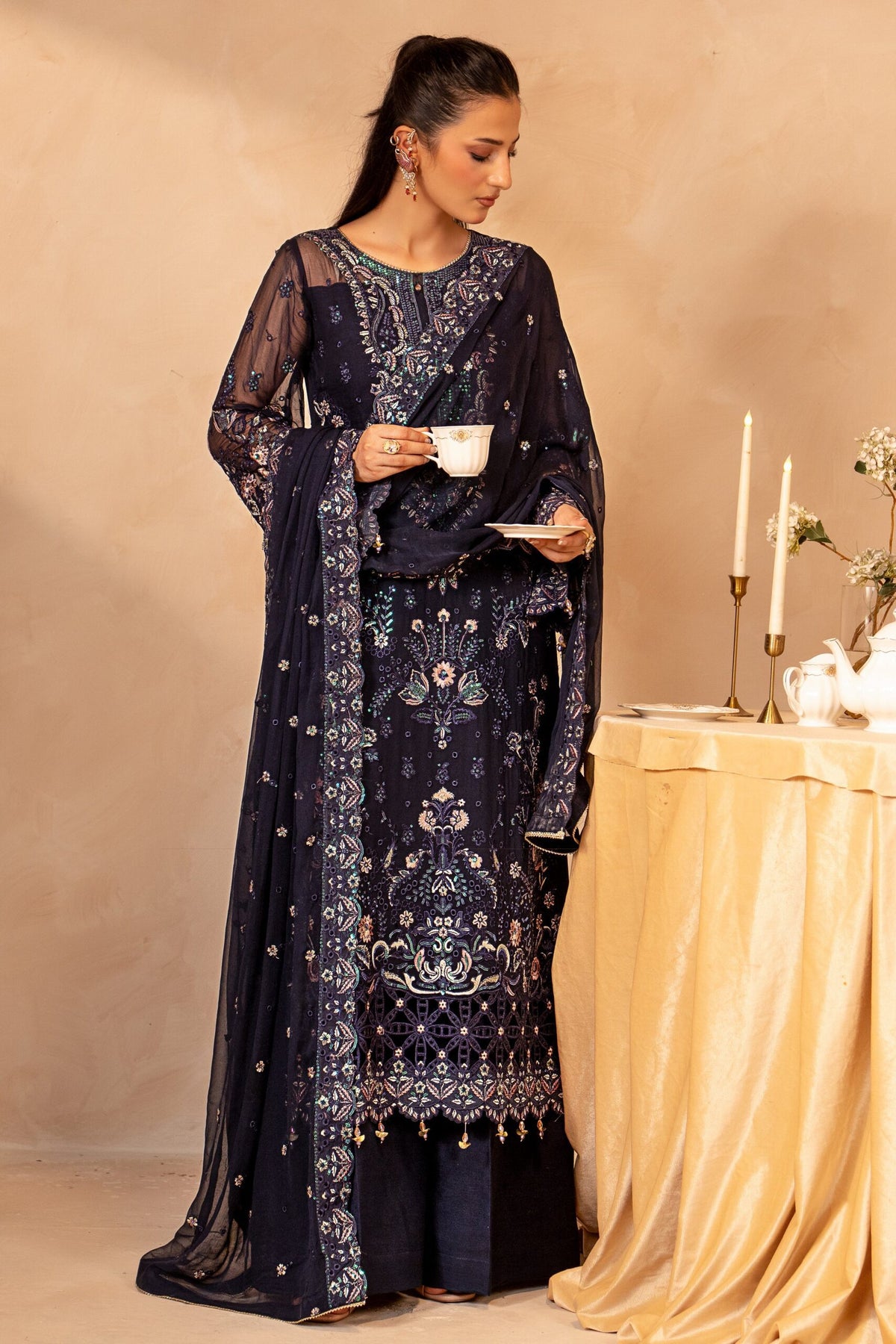 Midnight Blue & Antique Pastel: Embroidered Chiffon Suit | Ready To Wear