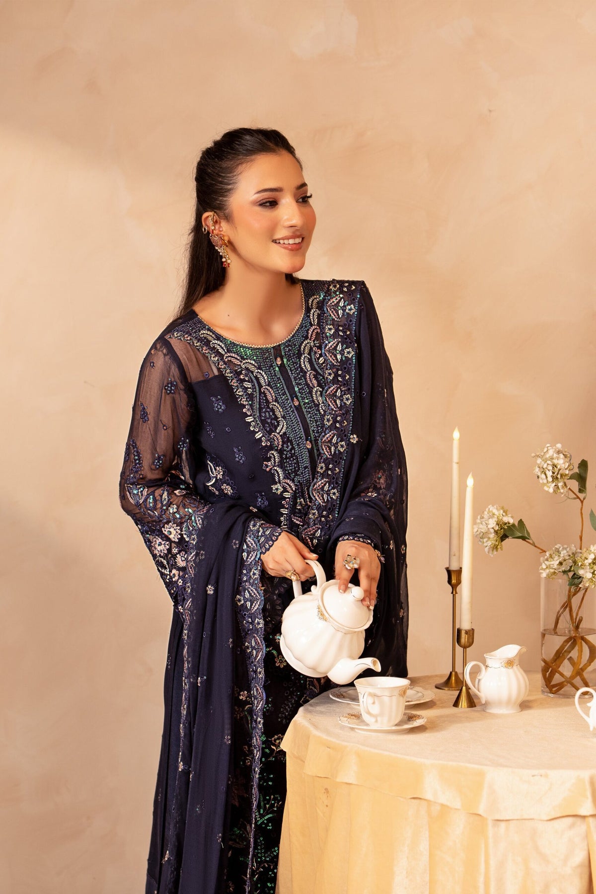 Midnight Blue & Antique Pastel: Embroidered Chiffon Suit | Ready To Wear