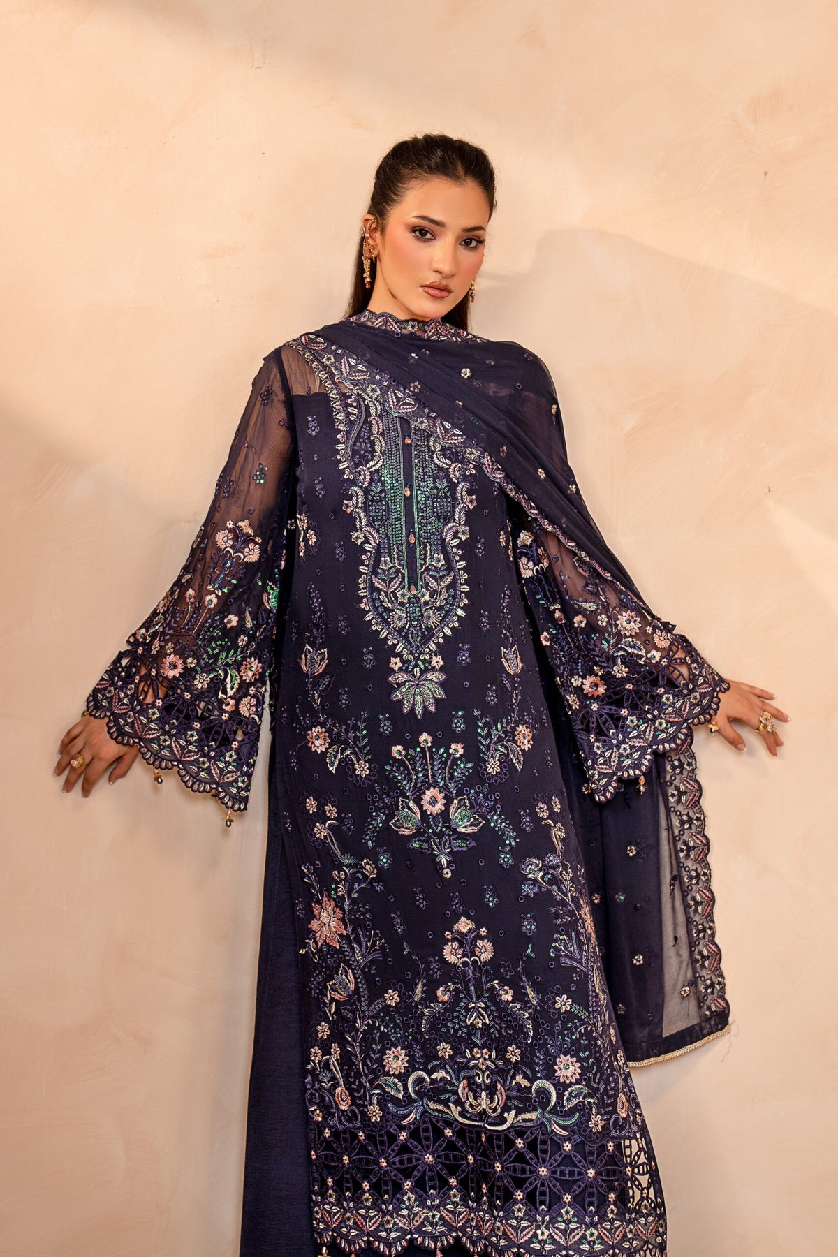 Midnight Blue & Antique Pastel: Embroidered Chiffon Suit | Ready To Wear