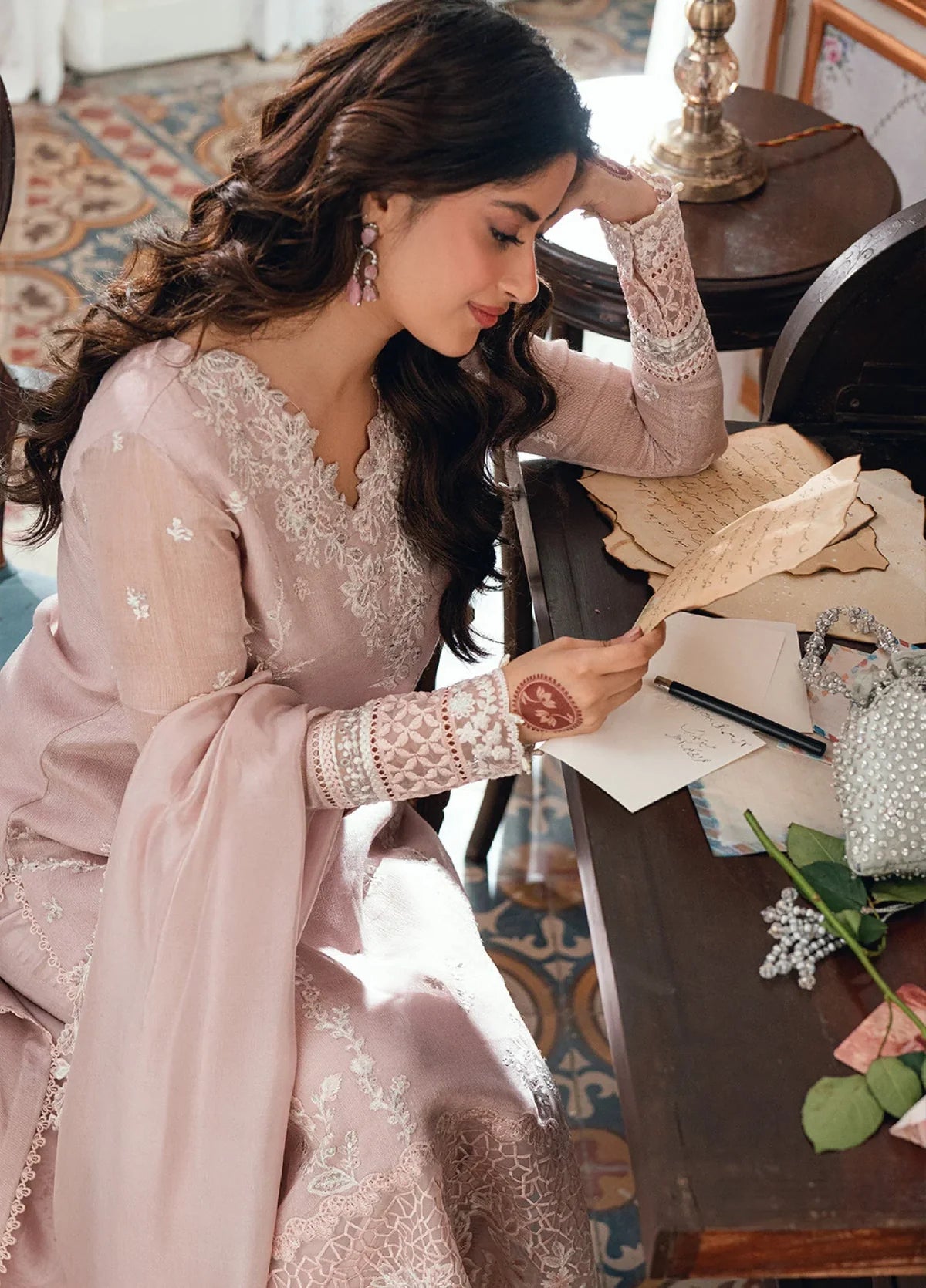 Dusty Pink - Embroidered Chiffon Suit With Malai Trouser | Ready To Wear
