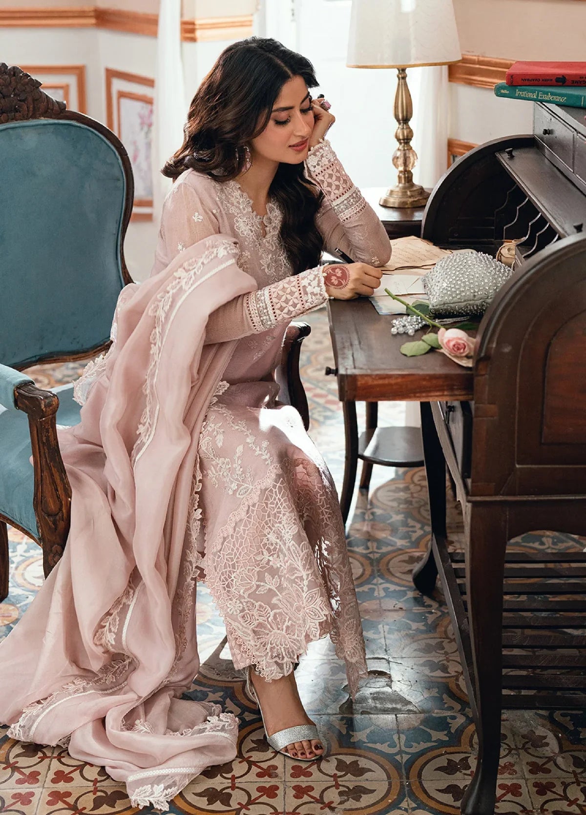 Dusty Pink - Embroidered Chiffon Suit With Malai Trouser | Ready To Wear