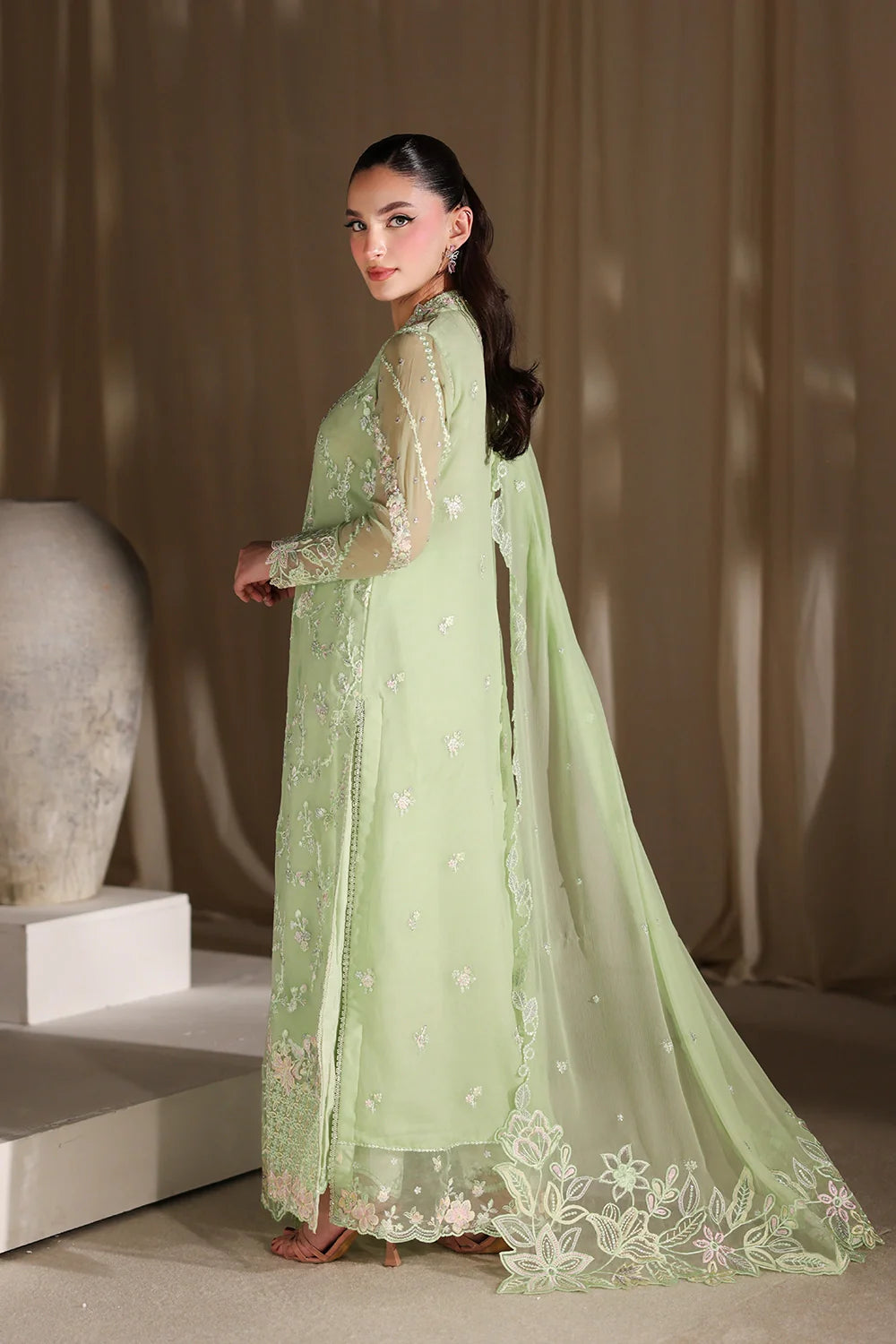Sage Serenity: Embroidered Chiffon Suit | Ready To Wear