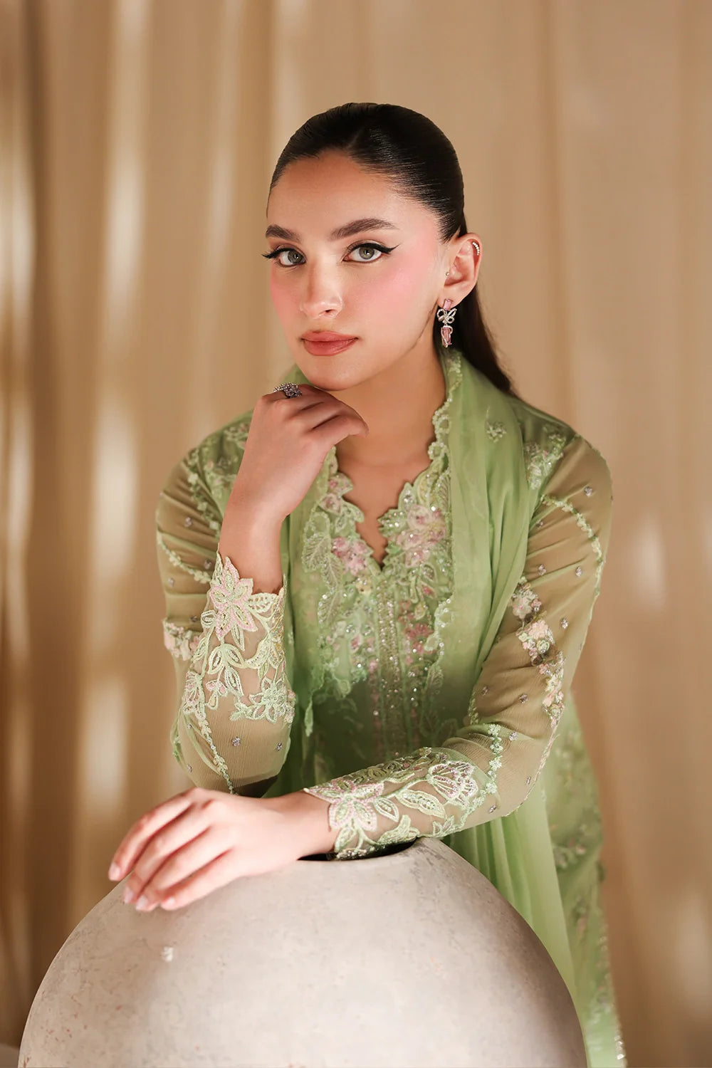 Sage Serenity: Embroidered Chiffon Suit | Ready To Wear