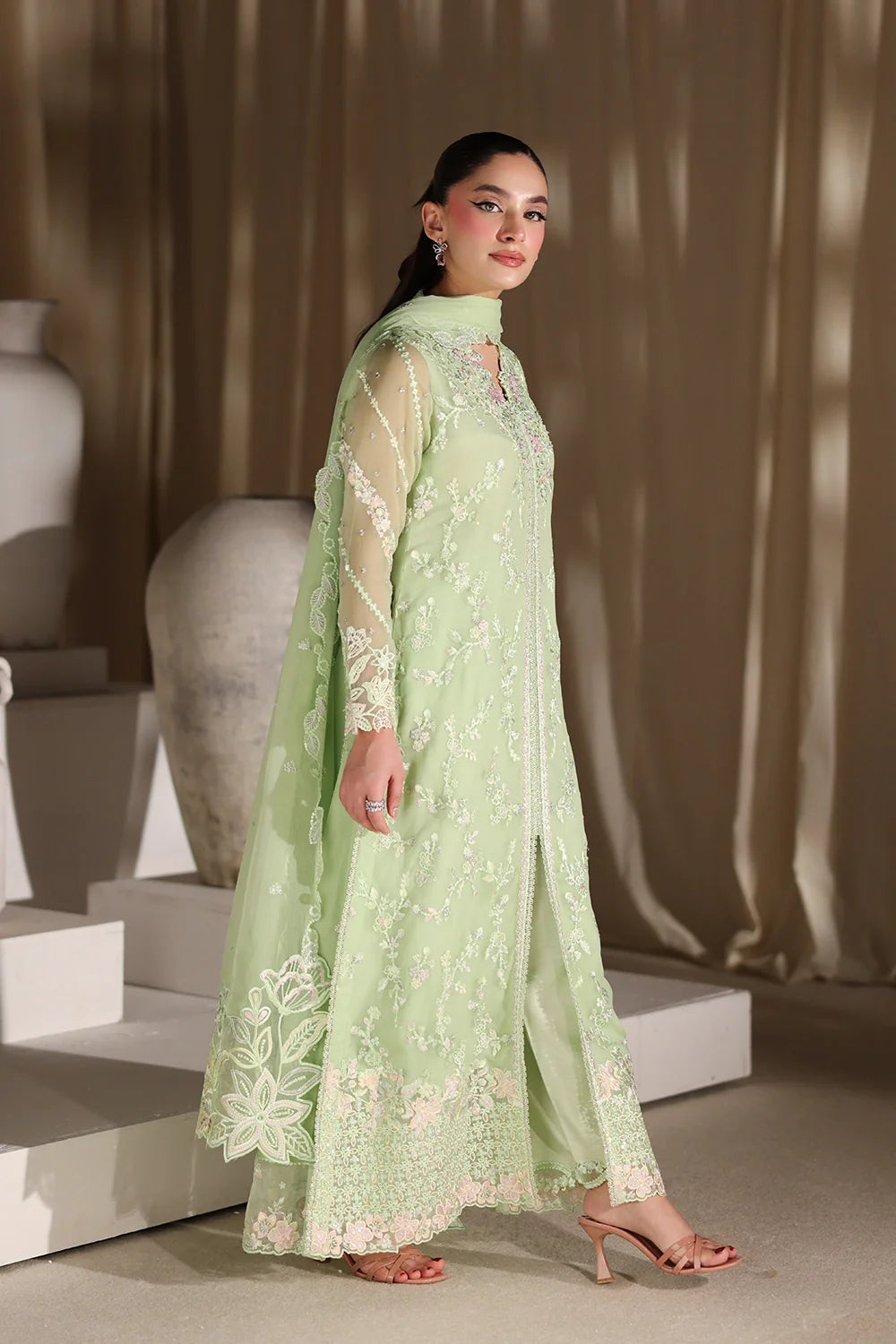 Sage Serenity: Embroidered Chiffon Suit | Ready To Wear