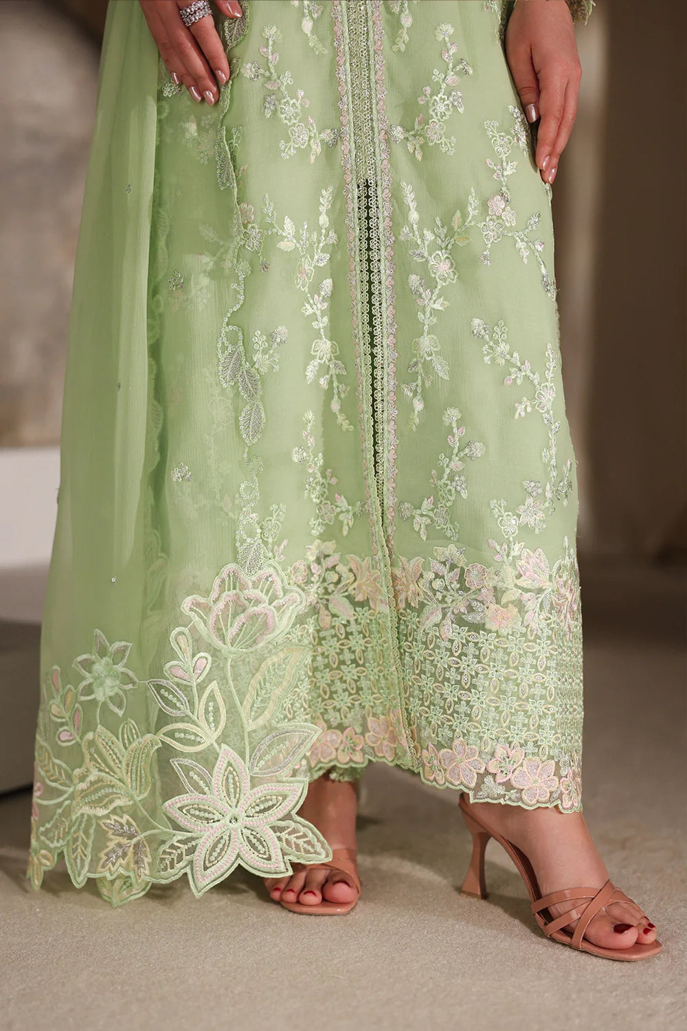 Sage Serenity: Embroidered Chiffon Suit | Ready To Wear