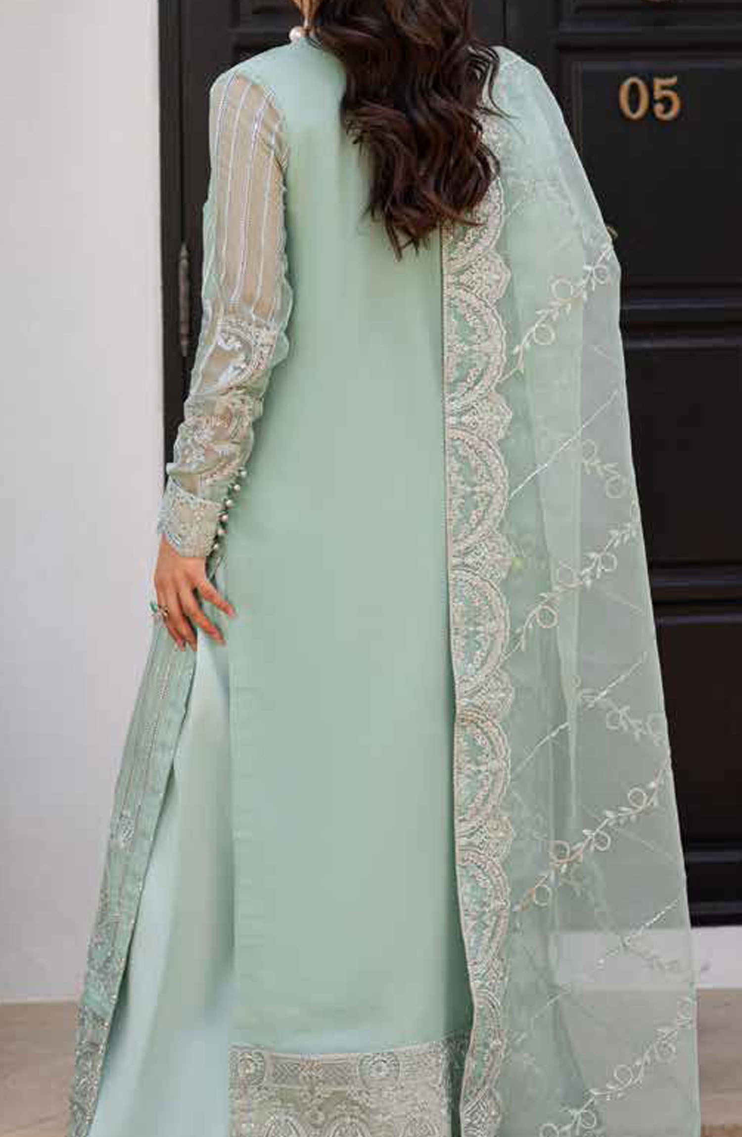 The Aqua Pearl: Embroidered Chiffon Long Shirt | Ready To Wear