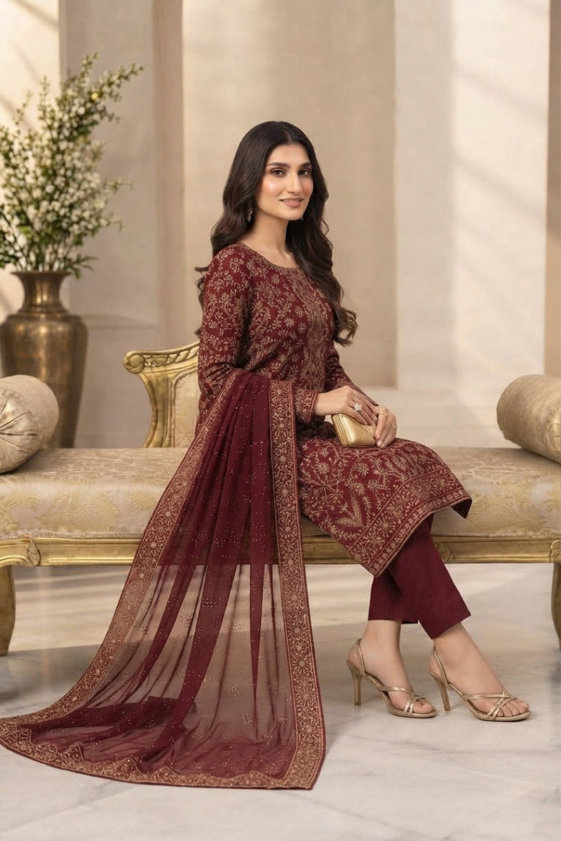 Maroon Shisha Silk 3-Piece suite  | Ready To Wear