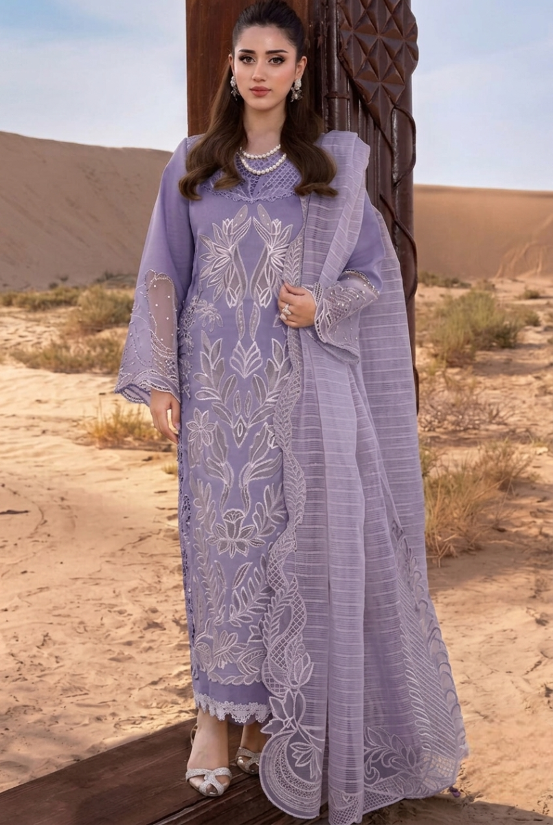 Dreamy Lilac: Embroidered Bareeza Lawn Suit With Khaddi Net Dupatta | Ready To Wear