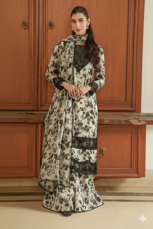 03-Piece  Skin & Black Embroidered Dress