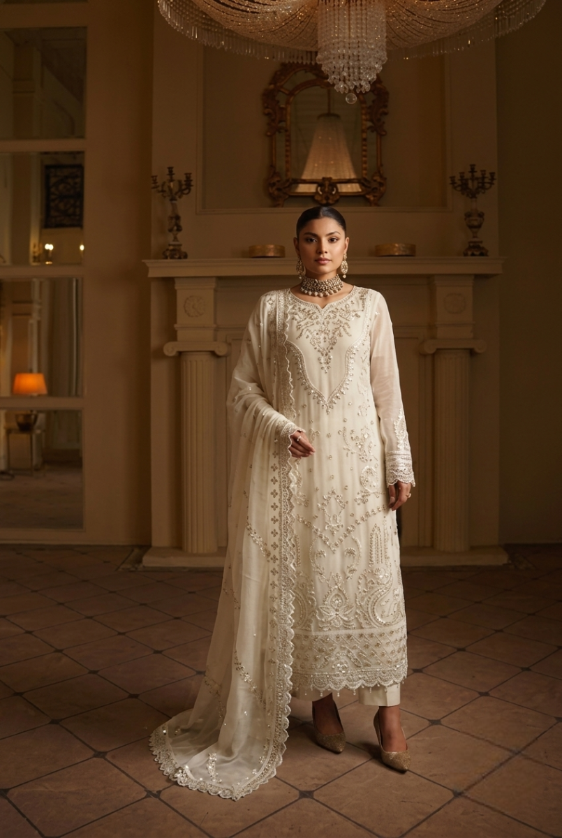 Pristine Cream: Embroidered Chiifon Suit WIth Malai Crepe Trouser | Ready To Wear