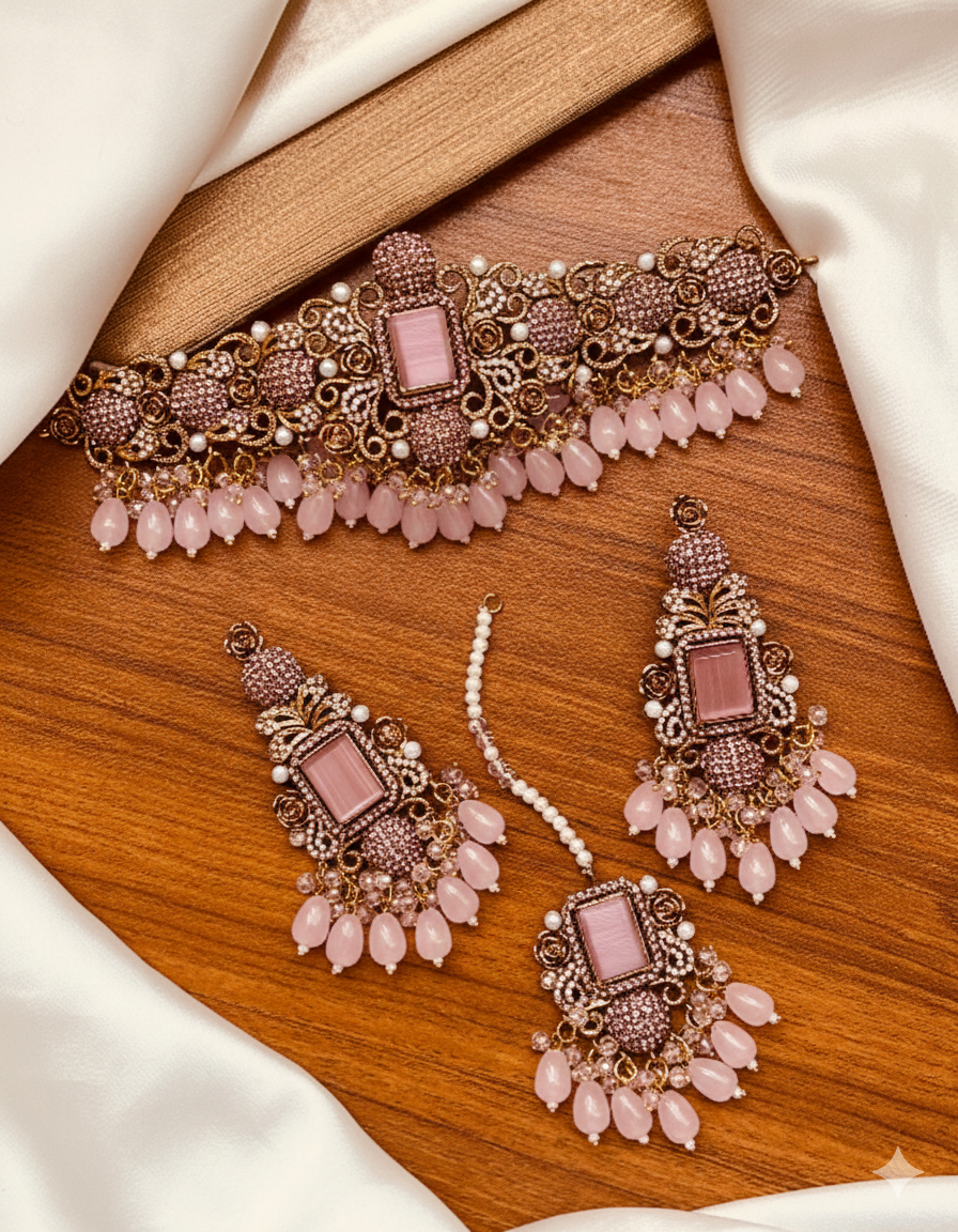 Regal Maroon Kundan and Antique Gold Choker Set