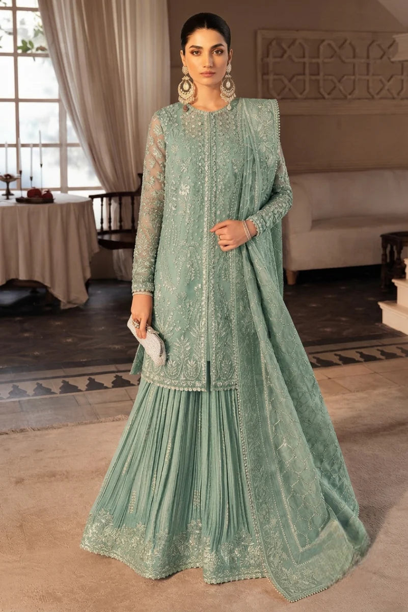 Mint Mirage: Embroidered Organza Shirt with Pleated Lehenga | Ready To Wear