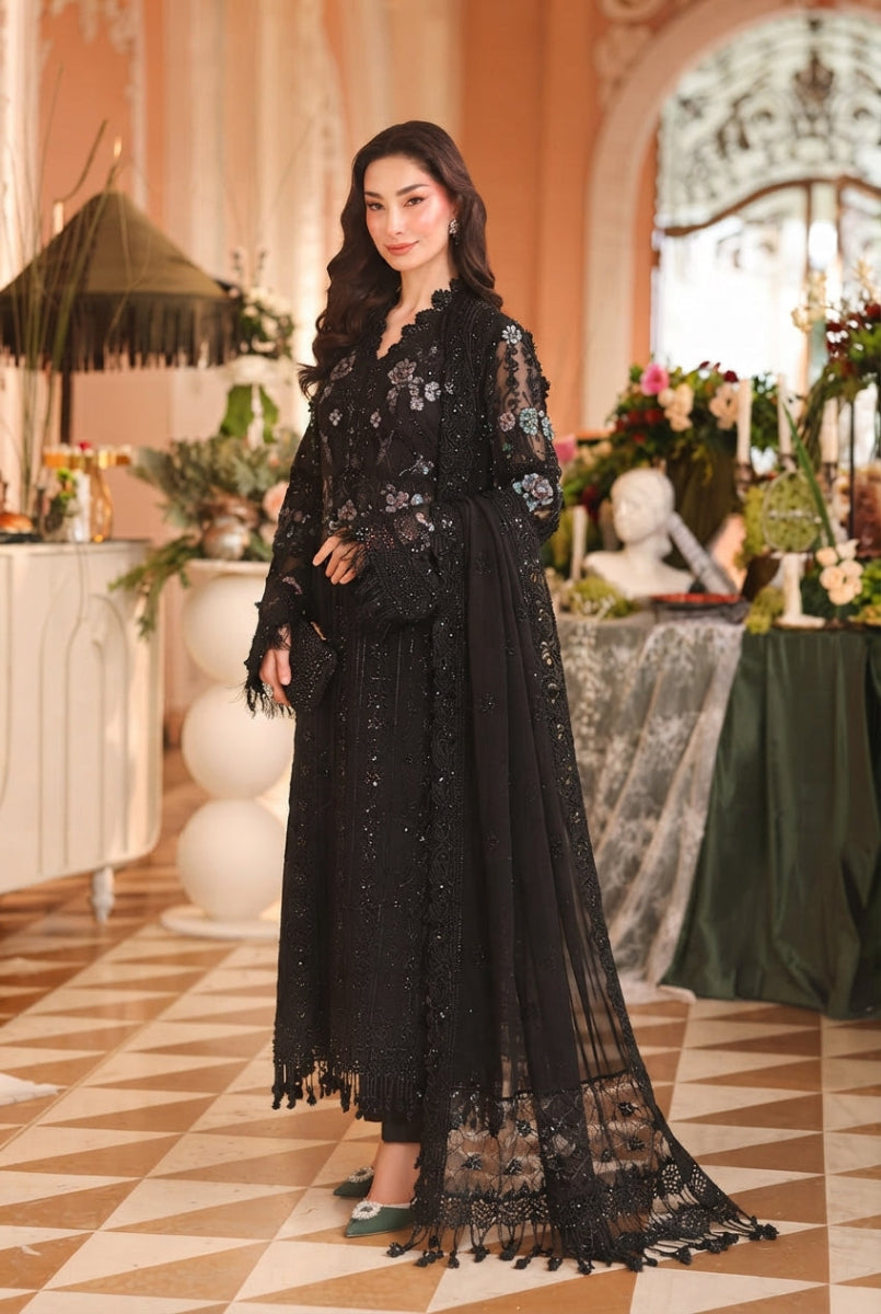 HR Designers Luxury Chiffon Collection – Maria B Style Black Embroidered Suit