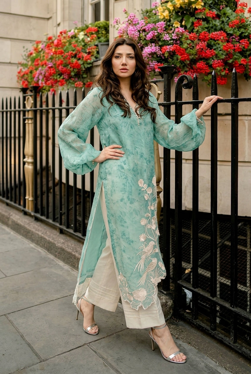 Rose Pink & Ivory: Embroidered Sheesha Silk Suit | Ready To Wear