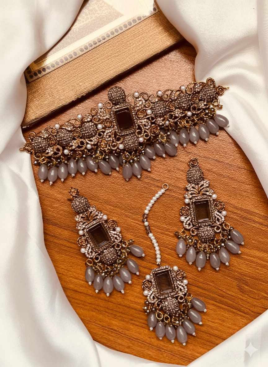 Regal Maroon Kundan and Antique Gold Choker Set