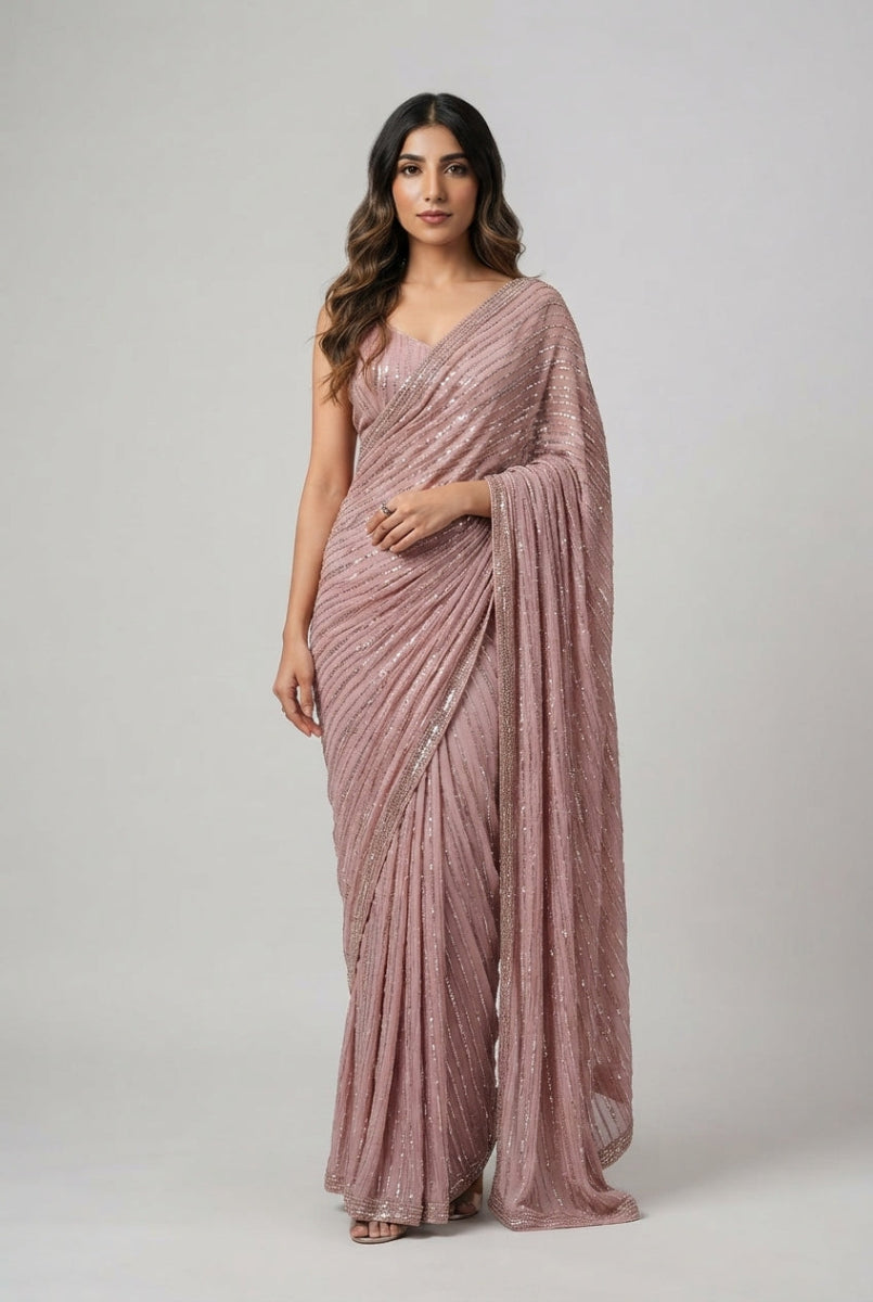 Semi Pure Chiffon Sequence Embroidered Ready-to-Wear Saree with Dyed Blouse & Soft Mali Trouser