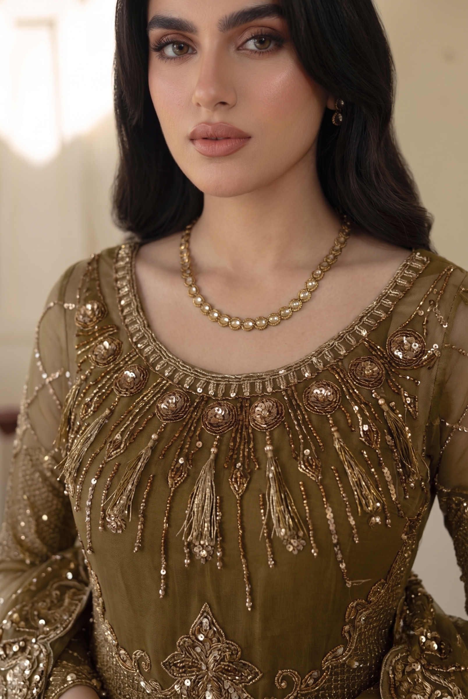 The Olive Monarch: Heavily Embellished Net Maxi | Ready To Wear