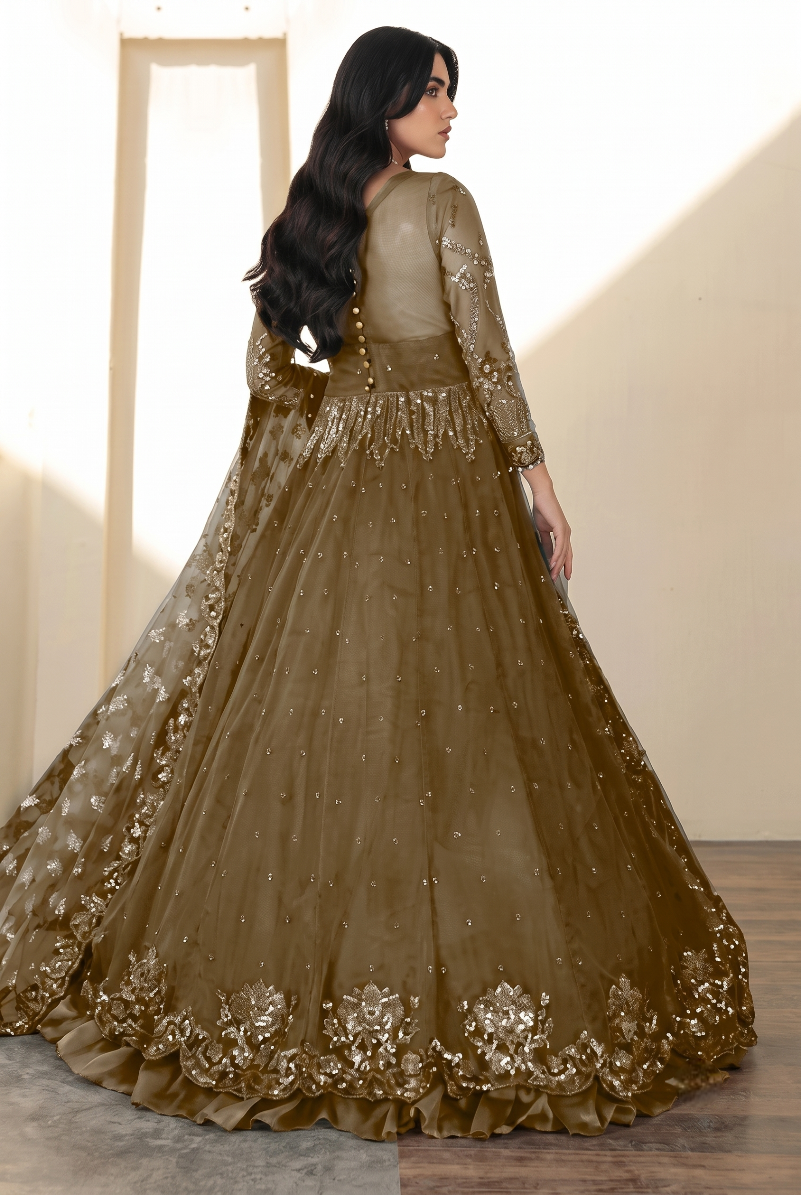 The Olive Monarch: Heavily Embellished Net Maxi | Ready To Wear