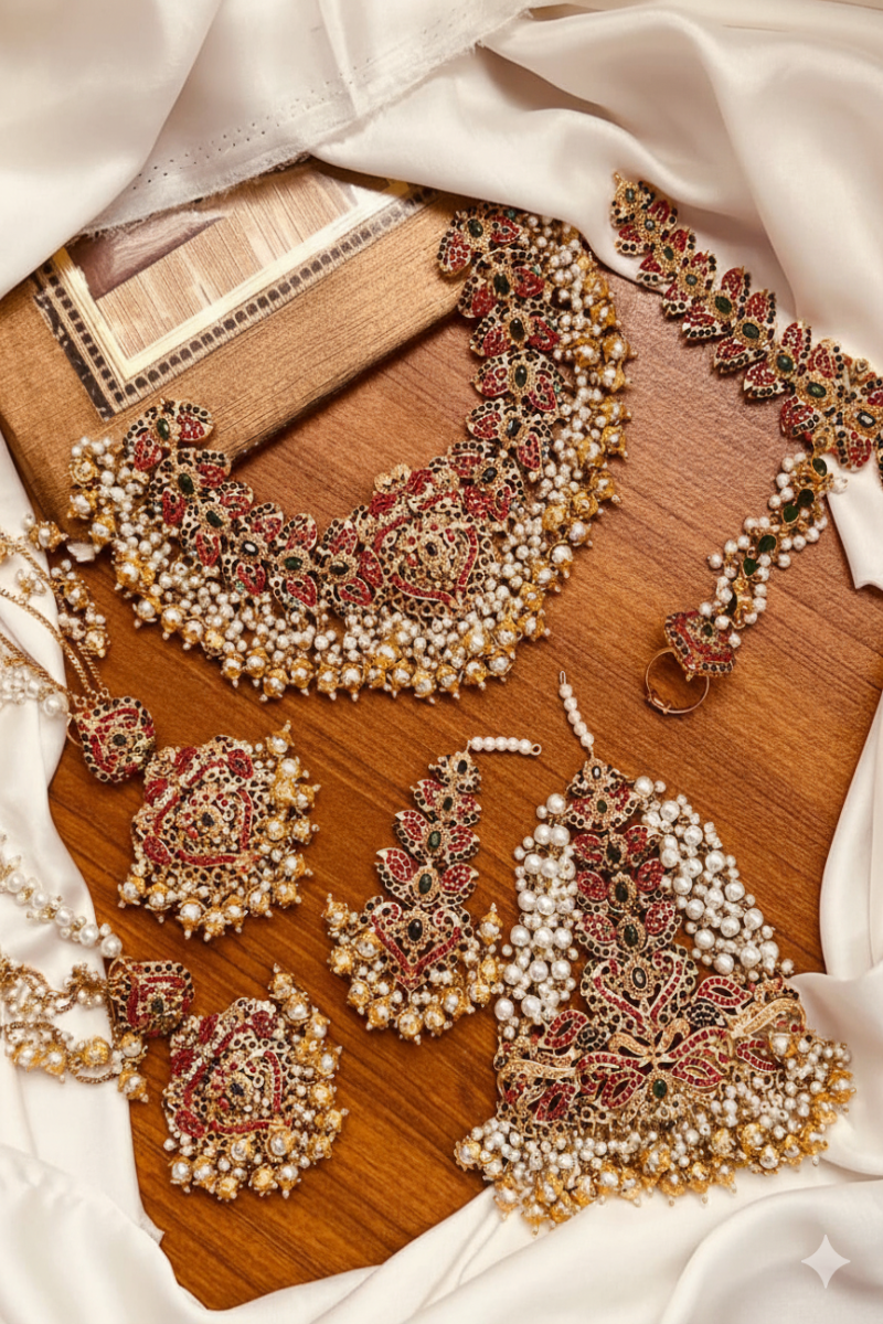Handcrafted Luxury Embroidered Neckline Set with Heavy Stone & Pearl Work