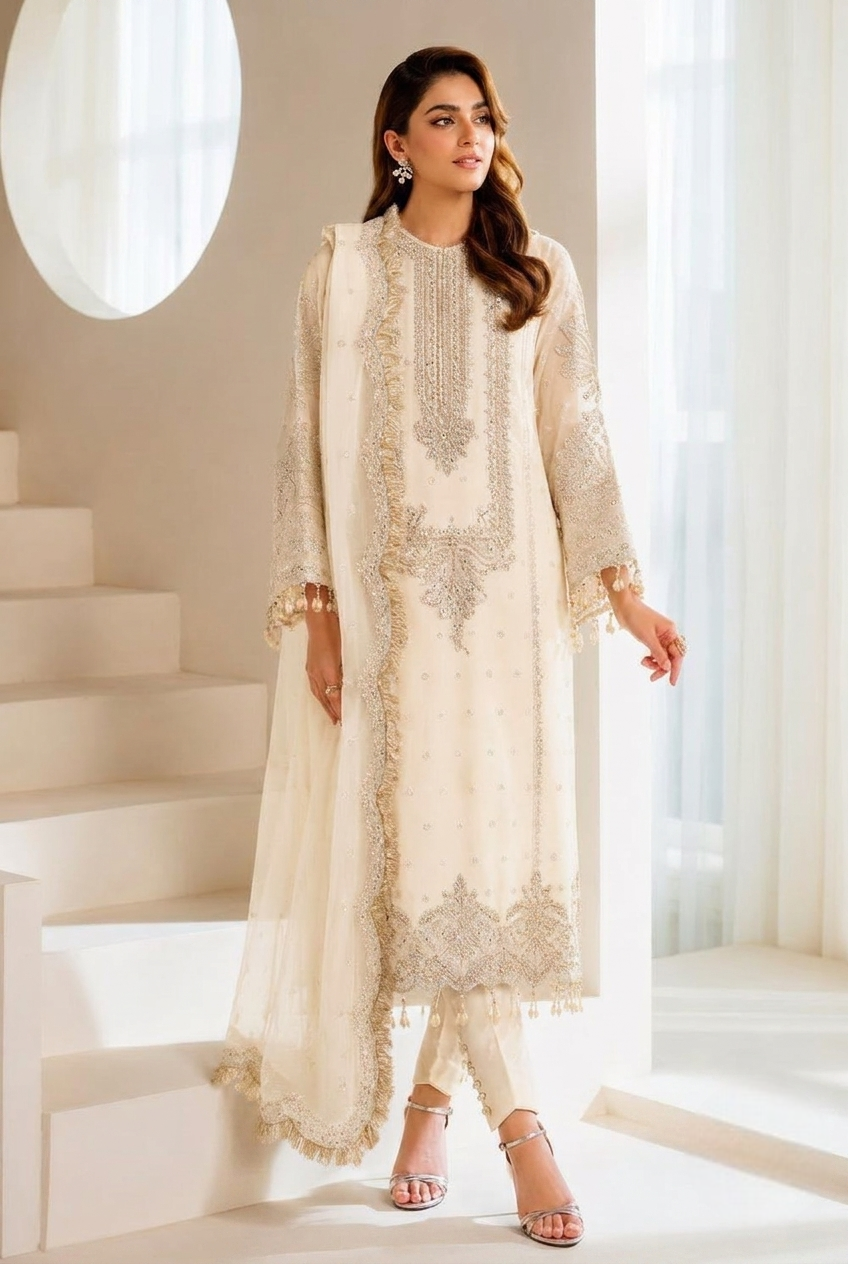 3-Piece Ciffon Heavy Embroidered Dress With Silk Trouser