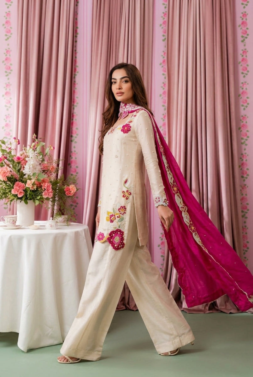 hanzay Anoshy Multi Floral Luxury Shamoz Silk 3-Piece Suit