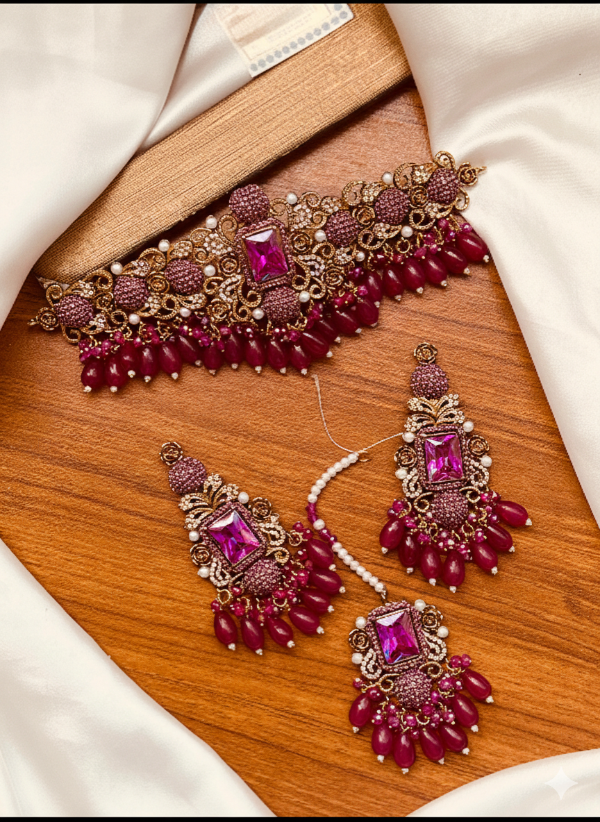 Regal Maroon Kundan and Antique Gold Choker Set
