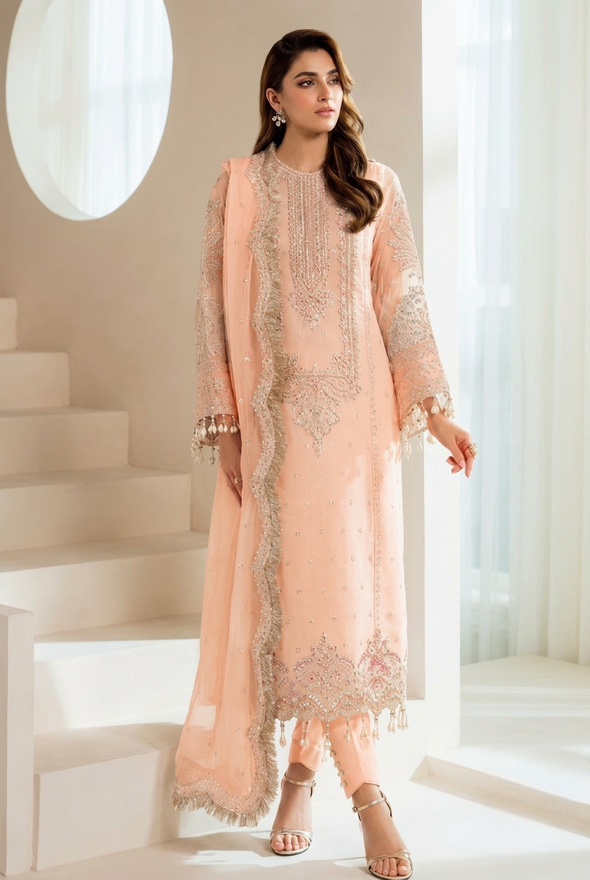 3-Piece Ciffon Heavy Embroidered Dress With Silk Trouser