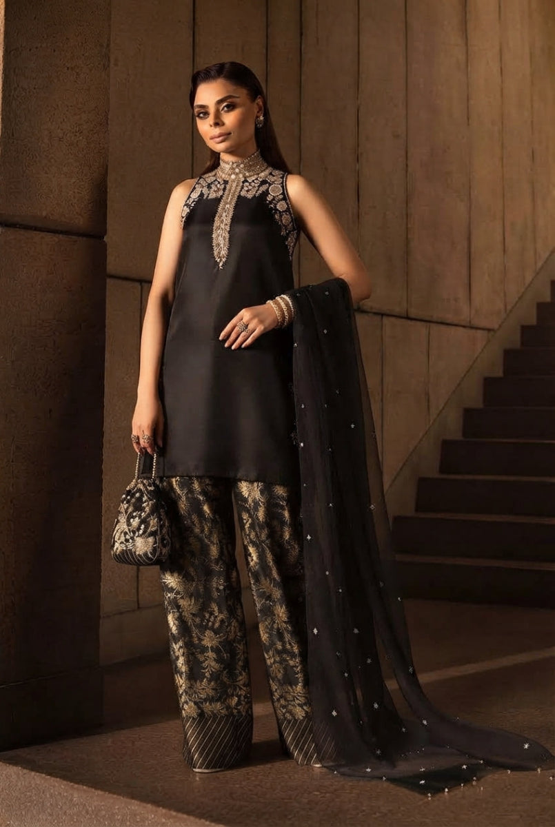 LAAM – Most Demanding Soft Shamooz Silk Addawork Outfit Worn by Sadaf Kanwal with Chiffon Handwork Dupatta