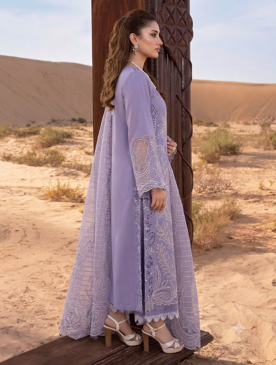 Dreamy Lilac: Embroidered Bareeza Lawn Suit With Khaddi Net Dupatta | Ready To Wear