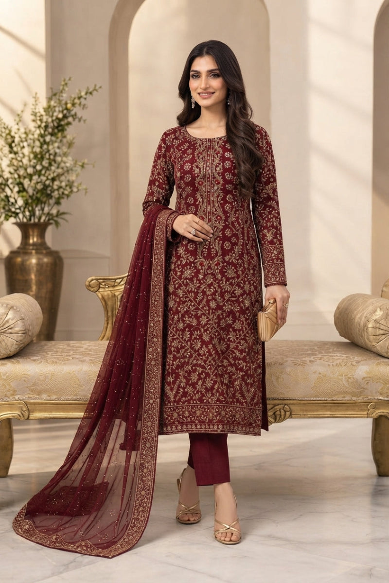Maroon Shisha Silk 3-Piece suite  | Ready To Wear