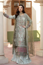 Mint Grey & Mauve Pink: Embroidered Organza Suit | Ready To Wear
