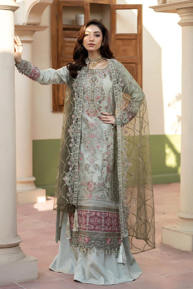 Mint Grey & Mauve Pink: Embroidered Organza Suit | Ready To Wear