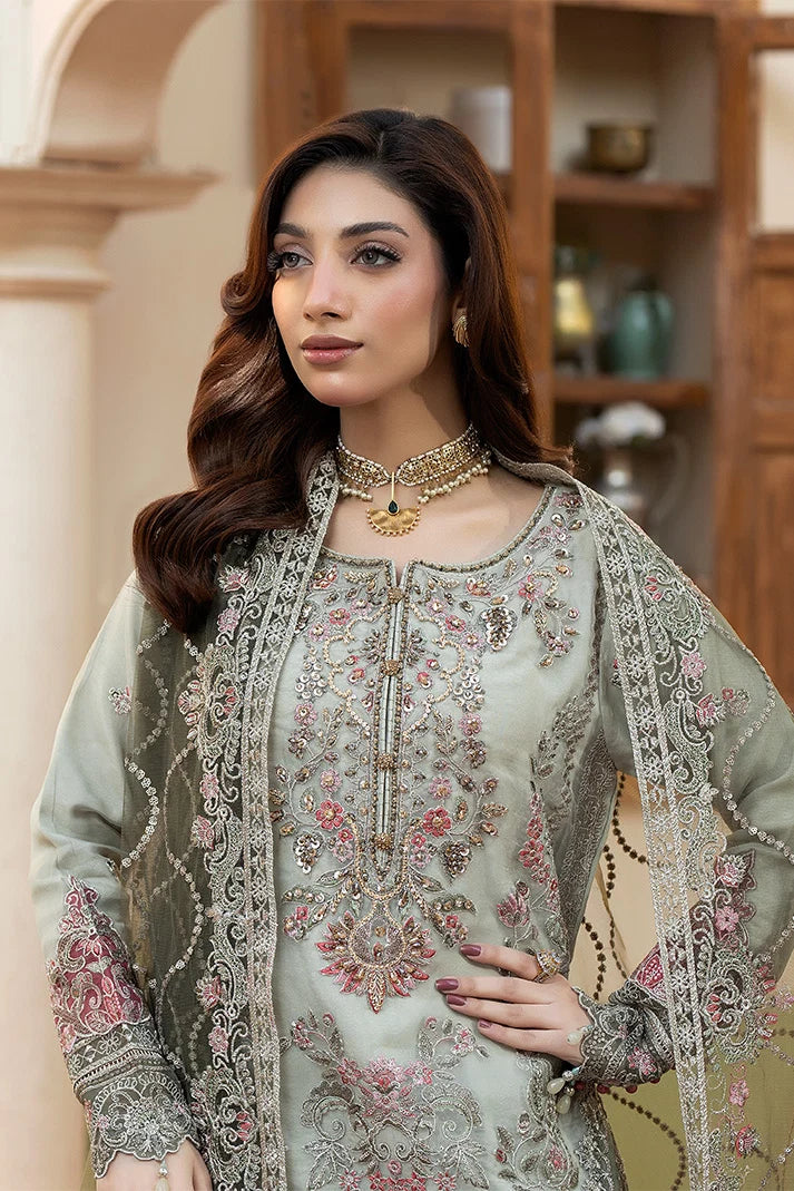 Mint Grey & Mauve Pink: Embroidered Organza Suit | Ready To Wear