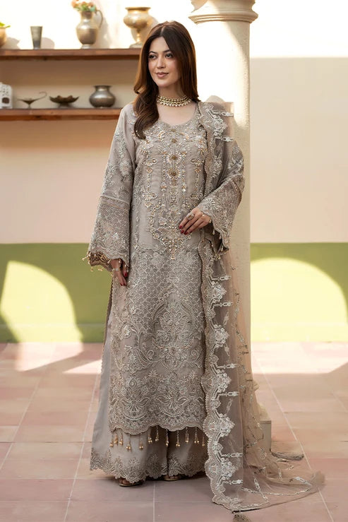 Mushroom Grey: Heavy Embroidered Organza Suit | Ready To Wear