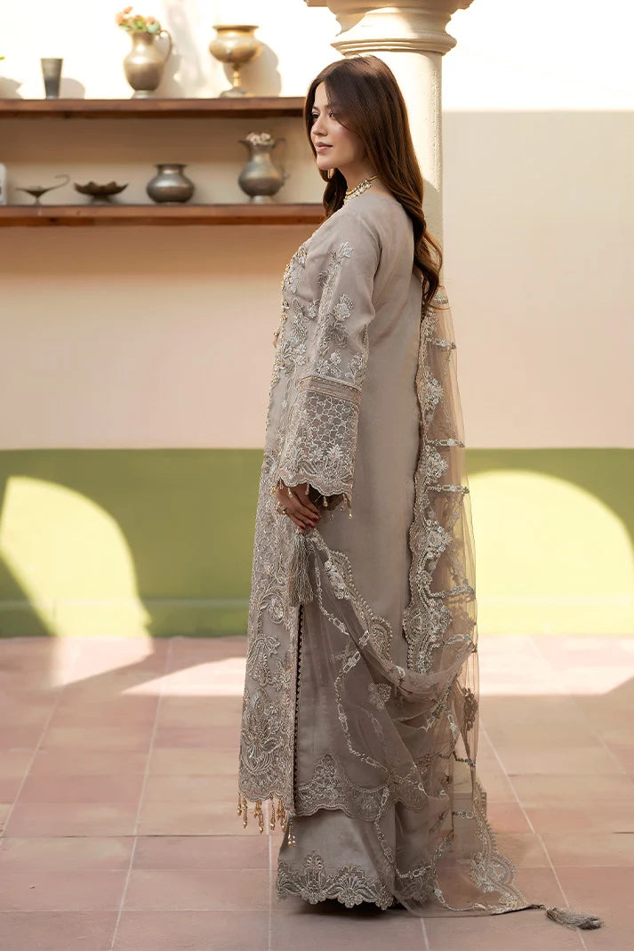 Mushroom Grey: Heavy Embroidered Organza Suit | Ready To Wear