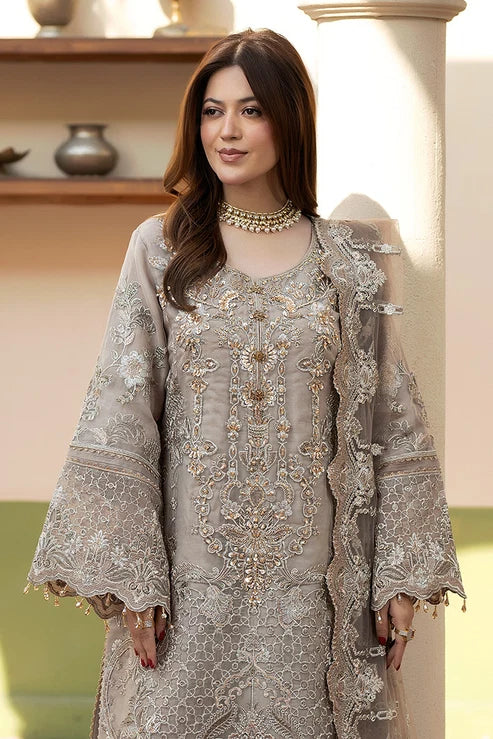 Mushroom Grey: Heavy Embroidered Organza Suit | Ready To Wear