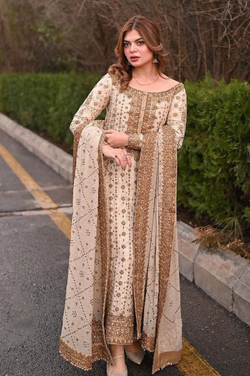 Ivory Glimmer: Embroidered Chiffon Suit | Ready To Wear