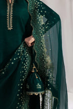 Forest Elegance: Gold Embroidered Silk Suit | Ready To Wear